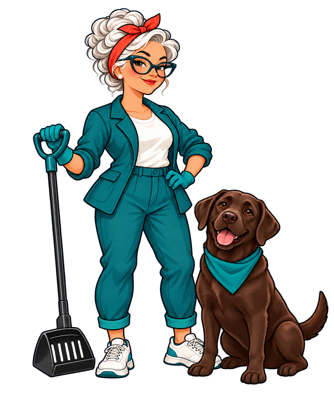 Mimi, a gray-haired character in teal, standing beside a chocolate Labrador