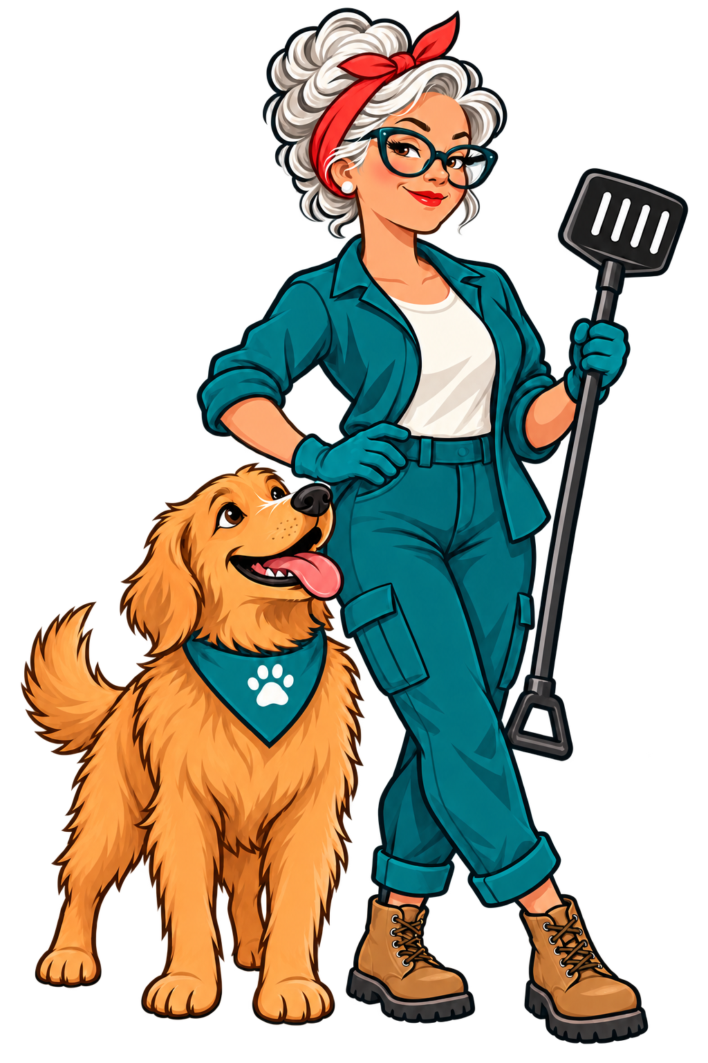 Mimi, with her red headband and teal glasses, stands beside her golden dog sidekick in a teal paw-print bandana.