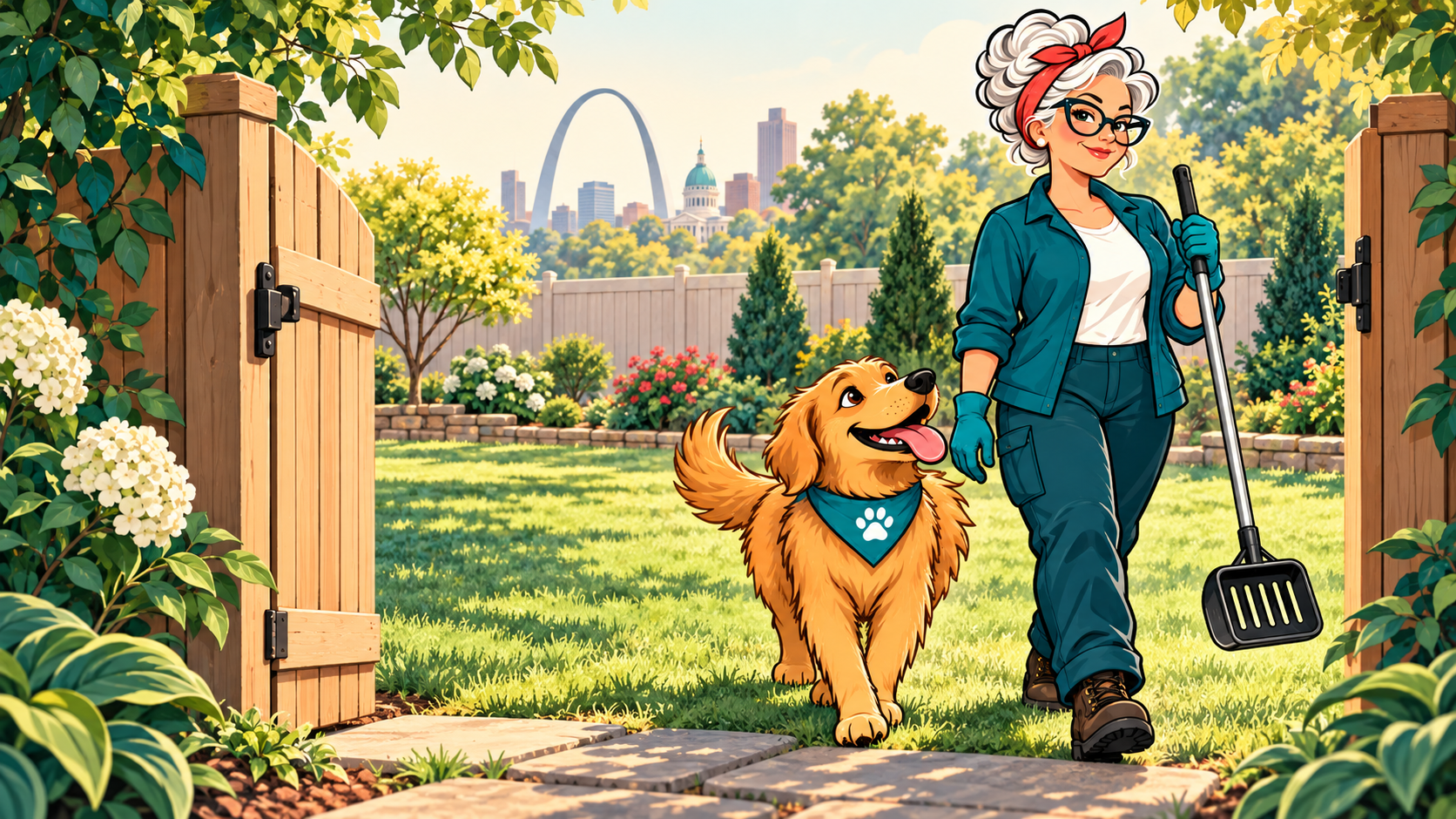 Mimi and her golden dog sidekick walk through a sunny backyard gate, with the St. Louis Gateway Arch in the distance.
